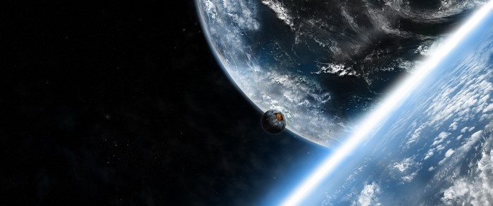 Two planets and a moon in space with stars
