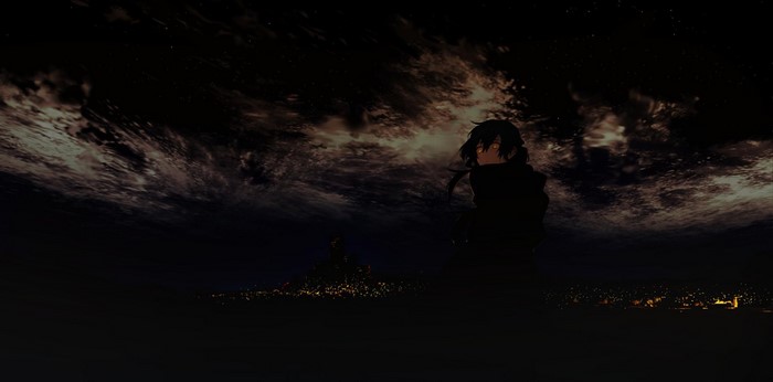 Anime girl with glowing eyes against a stormy night sky over city lights