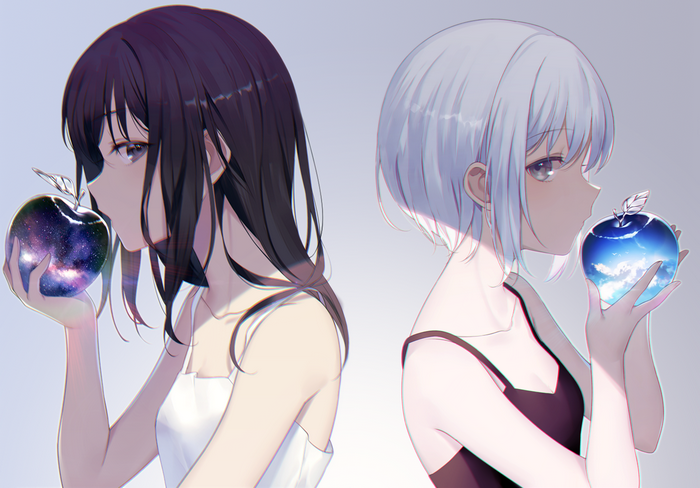 Two anime girls holding magical apples