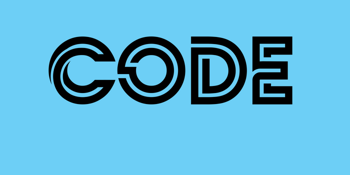 The word CODE in stylized black font on a cyan background