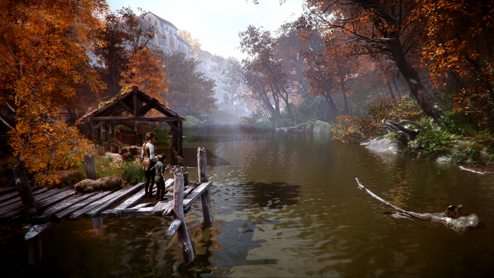 Amicia and Lucas from A Plague Tale: Innocence by a river