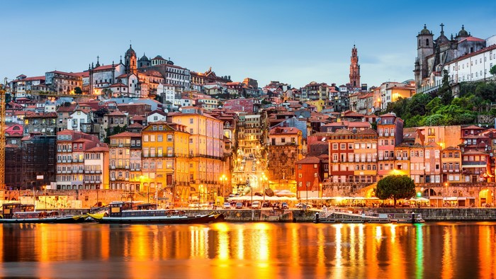 Porto, Portugal cityscape at dusk with river