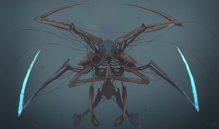 Mechanical creature with scythe arms and wires