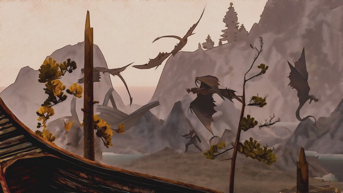 Dragons and a warrior in a mountainous landscape from The Witcher 3