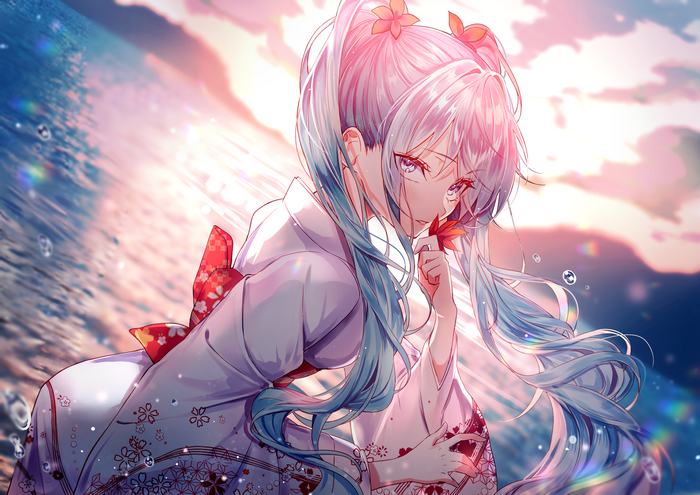 Hatsune Miku in Kimono by a Lake at Sunset