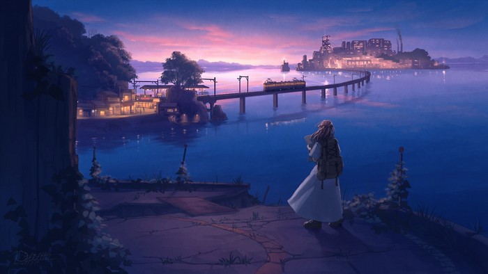 Anime girl with backpack looking at a train bridge at sunset