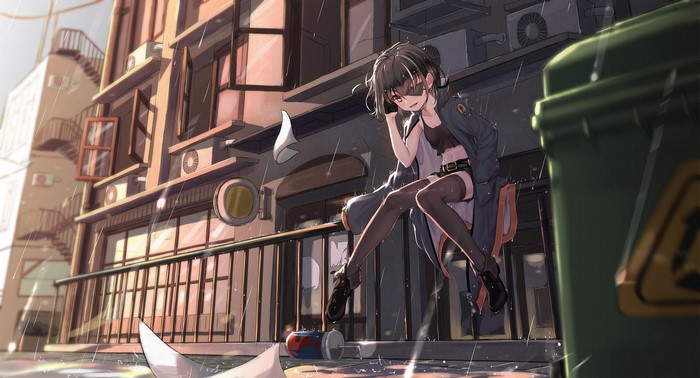 Anime girl sitting on a balcony in the rain