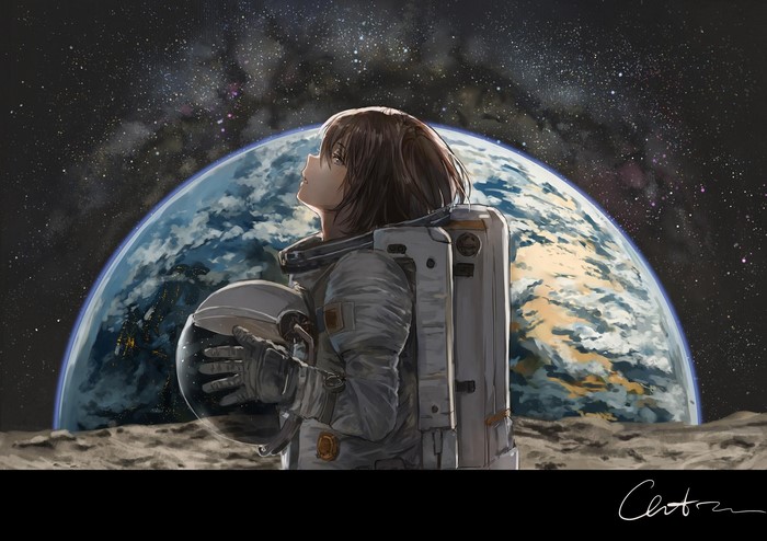 Anime astronaut holding helmet on the moon with Earth in background