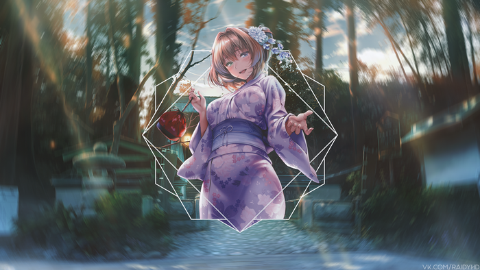 Anime girl in yukata holding a lantern