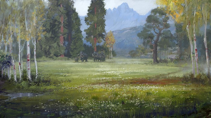 Painting of mammoths in a prehistoric forest landscape