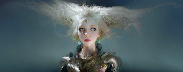 Fantasy girl with white hair and armor by Ruan Jia