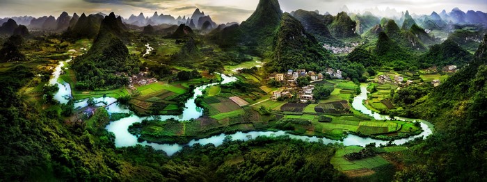Karst landscape with river and villages