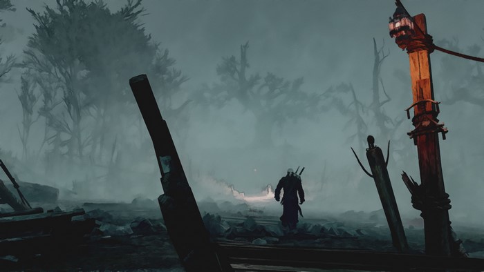 Geralt from The Witcher 3: Wild Hunt in a foggy landscape