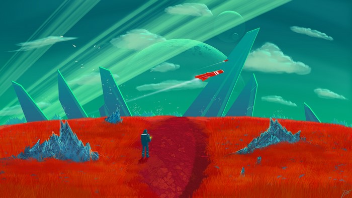 Astronaut on alien planet with spaceships and rings