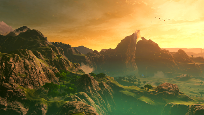 The Legend of Zelda: Breath of the Wild landscape at dusk
