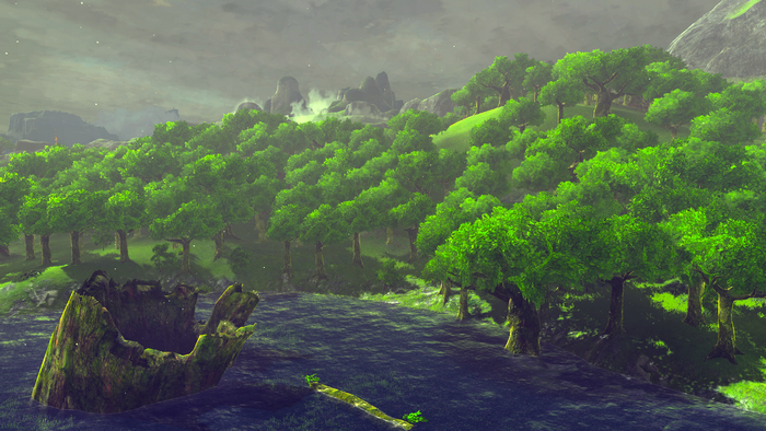 Forest landscape with a lake and a large tree stump from The Legend of Zelda: Breath of the Wild
