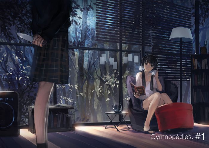 Anime girl with knife behind her back watches girl reading