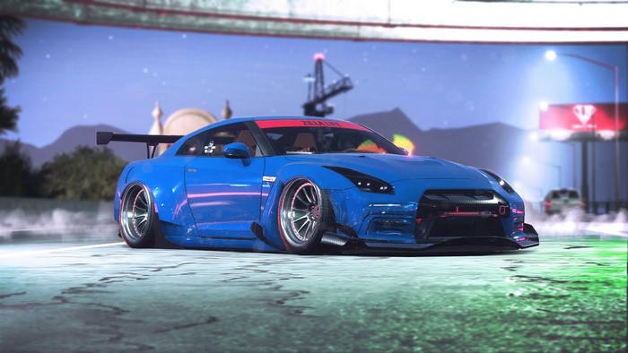 Blue Nissan GT-R with widebody kit