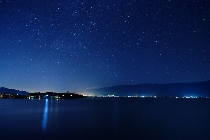 Night sky over a lake with city lights