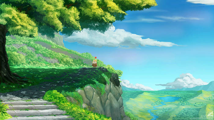 Moogle from Final Fantasy IX on a cliff overlooking a valley