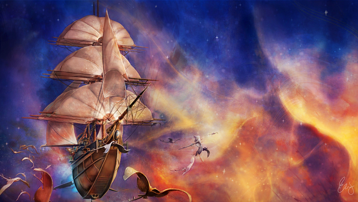 Steampunk airship sailing through a colorful nebula