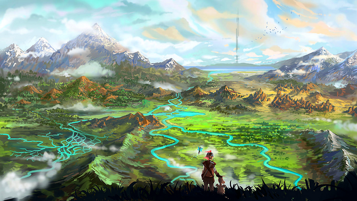 Fantasy landscape with mountains, river, and figures