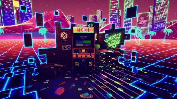 New Retro Arcade synthwave cityscape with arcade machine
