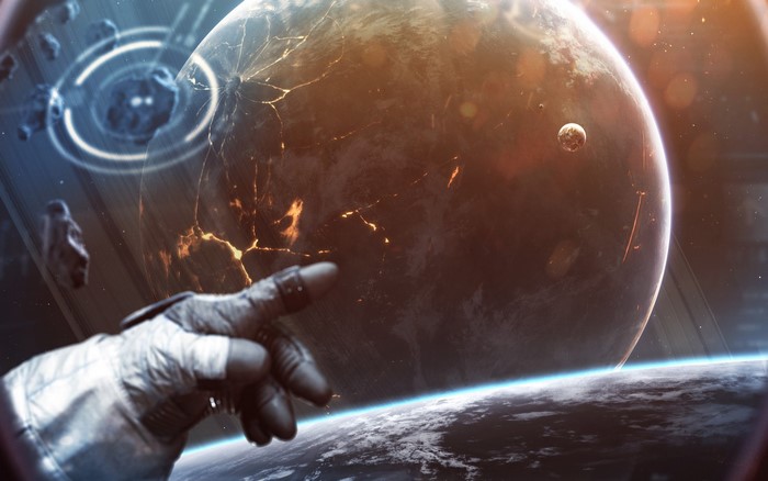 Astronaut pointing at a cracked planet in space
