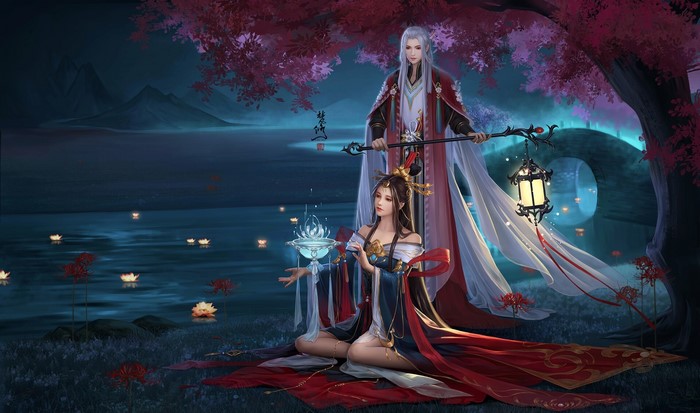 Fantasy couple by a lake with lanterns