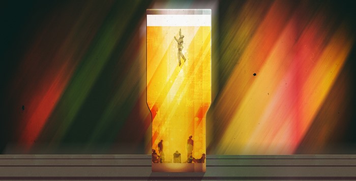 Abstract artwork of a person in a beer glass