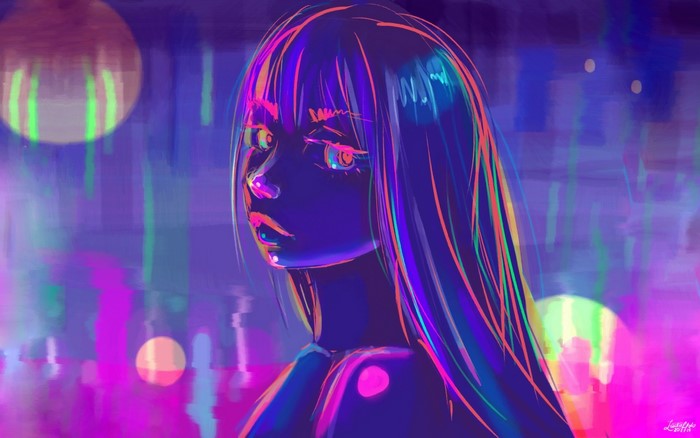 Artwork of a woman with colorful neon lighting