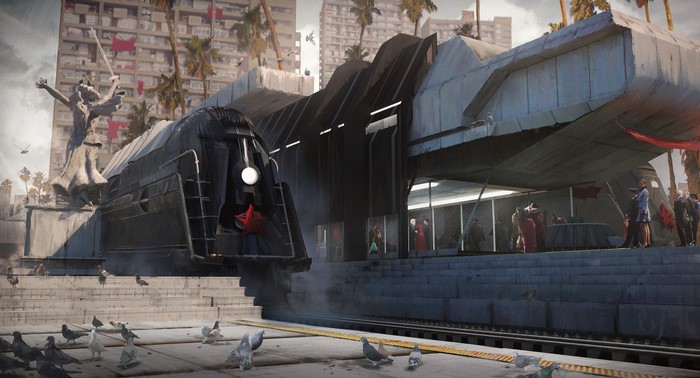 Futuristic train station with statue and people