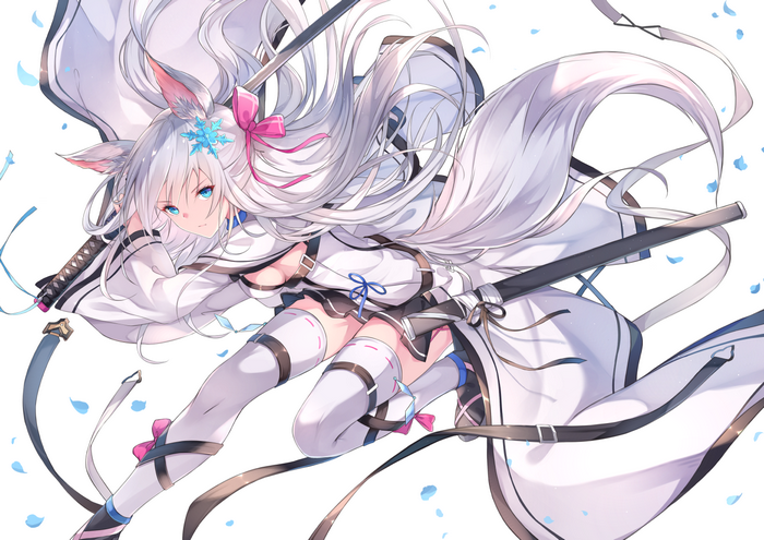Anime girl with white hair and cat ears holding a sword