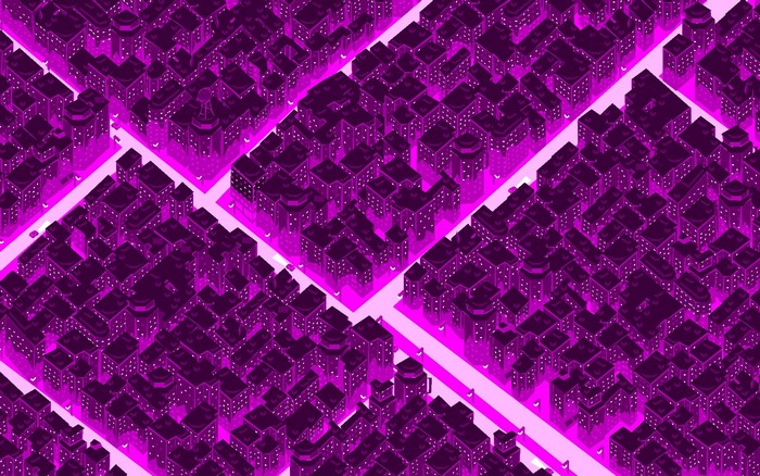 Purple synthwave cityscape with neon lights