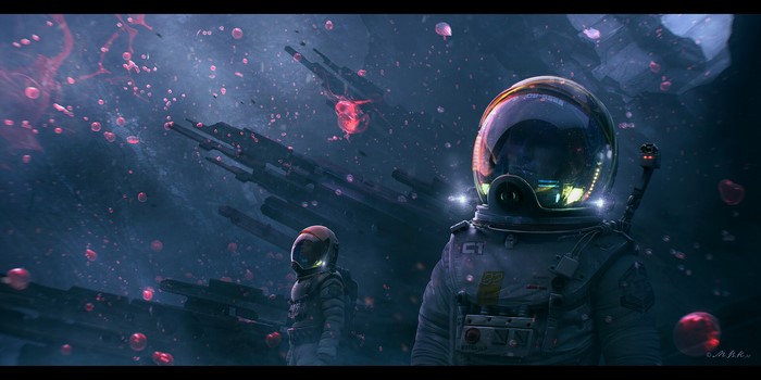 Astronauts in a nebula with alien structures