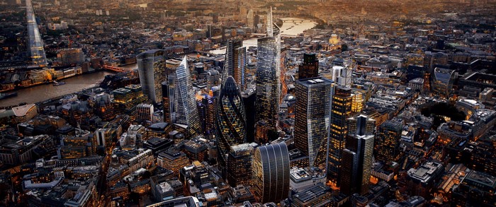 Aerial view of London cityscape with River Thames
