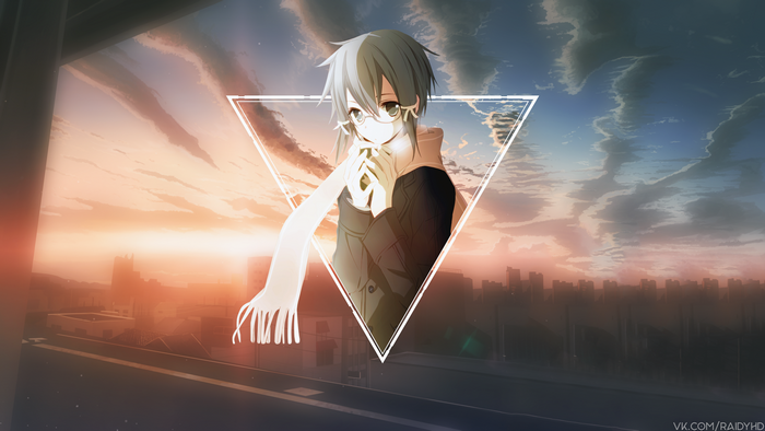Anime character with scarf in front of city skyline