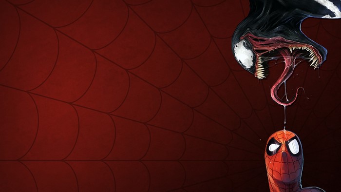 Venom attacking Spider-Man on a spider web background