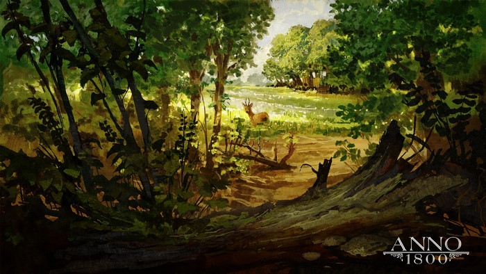 Deer in a forest clearing with Anno 1800 logo