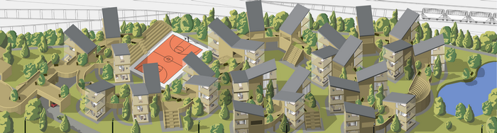 Architectural rendering of a housing complex with a basketball court and lake