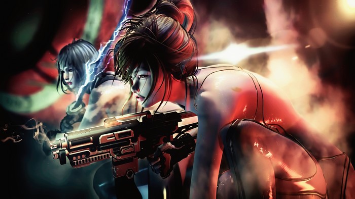 Two women with guns in a futuristic setting