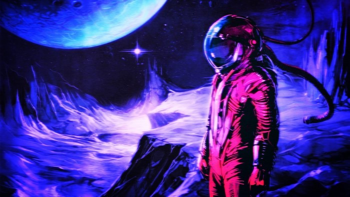 Astronaut on an alien planet with a large moon