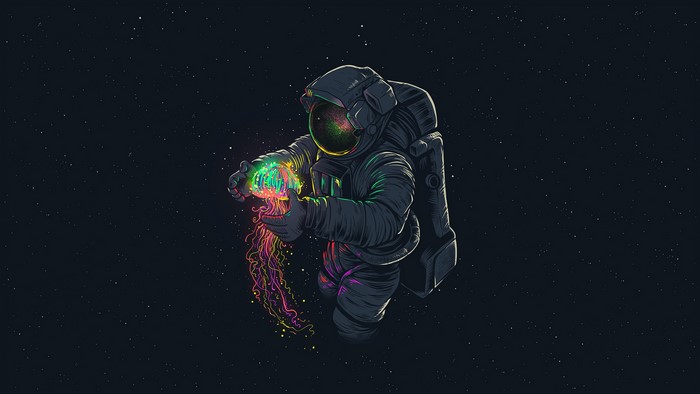 Astronaut holding a glowing jellyfish in space