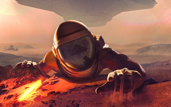 Astronaut on a Mars-like planet with a UFO