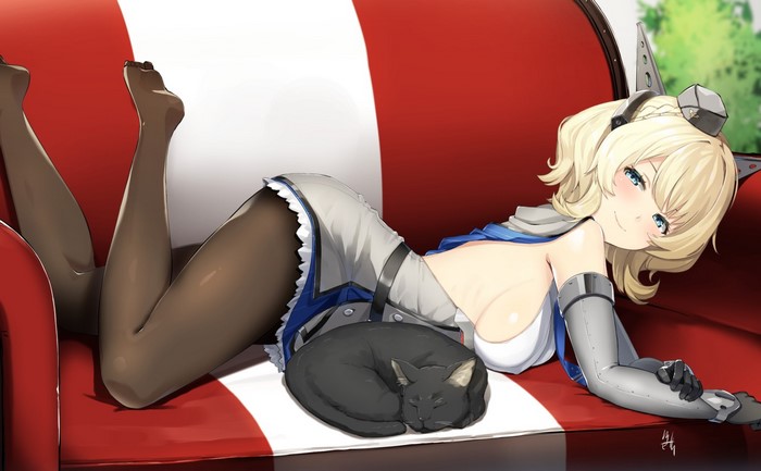 Colorado from Kantai Collection sleeping with a cat
