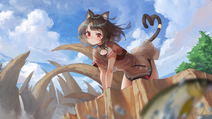 Anime girl with cat ears on a rocky landscape