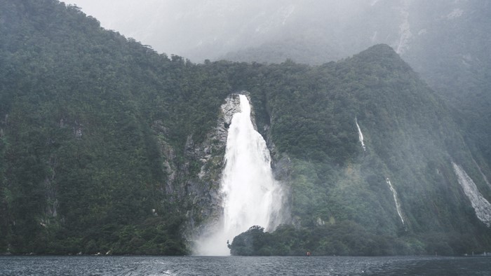 Waterfall in Milford Sound, New Zealand