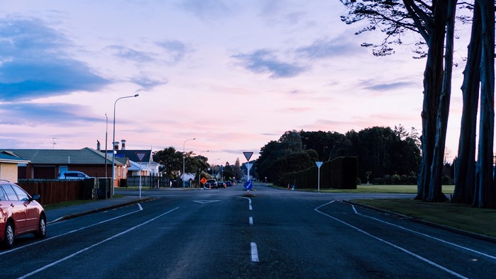 Road intersection at dusk in Invercargill, New Zealand