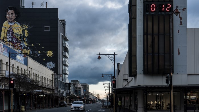 Invercargill, New Zealand Street Scene with Mural and Clock