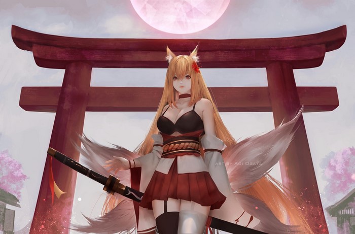 Fox girl with katana under a torii gate
